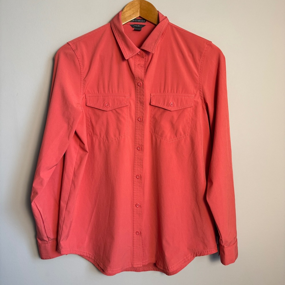 Eddie Bauer Womens Classic Fit Button Up Shirt Satin Coral Small Pocket Roll Tab